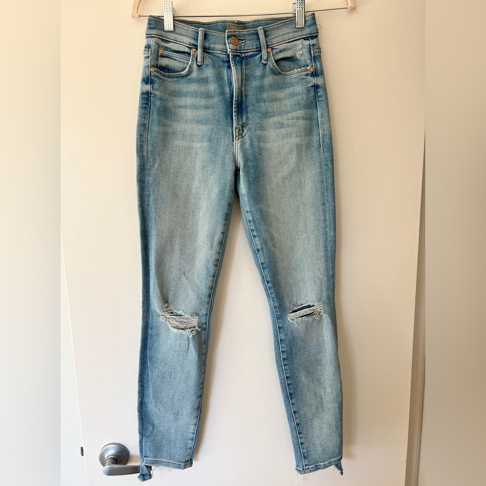 MOTHER Light Blue Skinny Jeans with Knee Rips